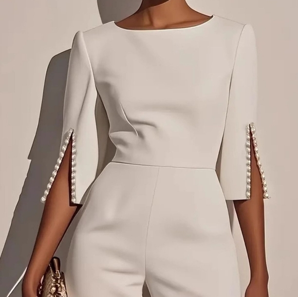 Wide-Leg Ivory Jumpsuit with Slit-Sleeve Detail - Picture 2 of 9